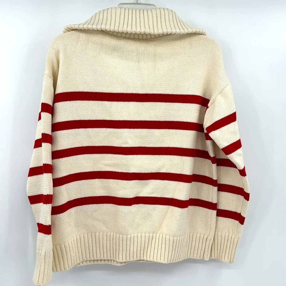 Worshop Half Zip Knit Sweater in Red Stripped-Size Large